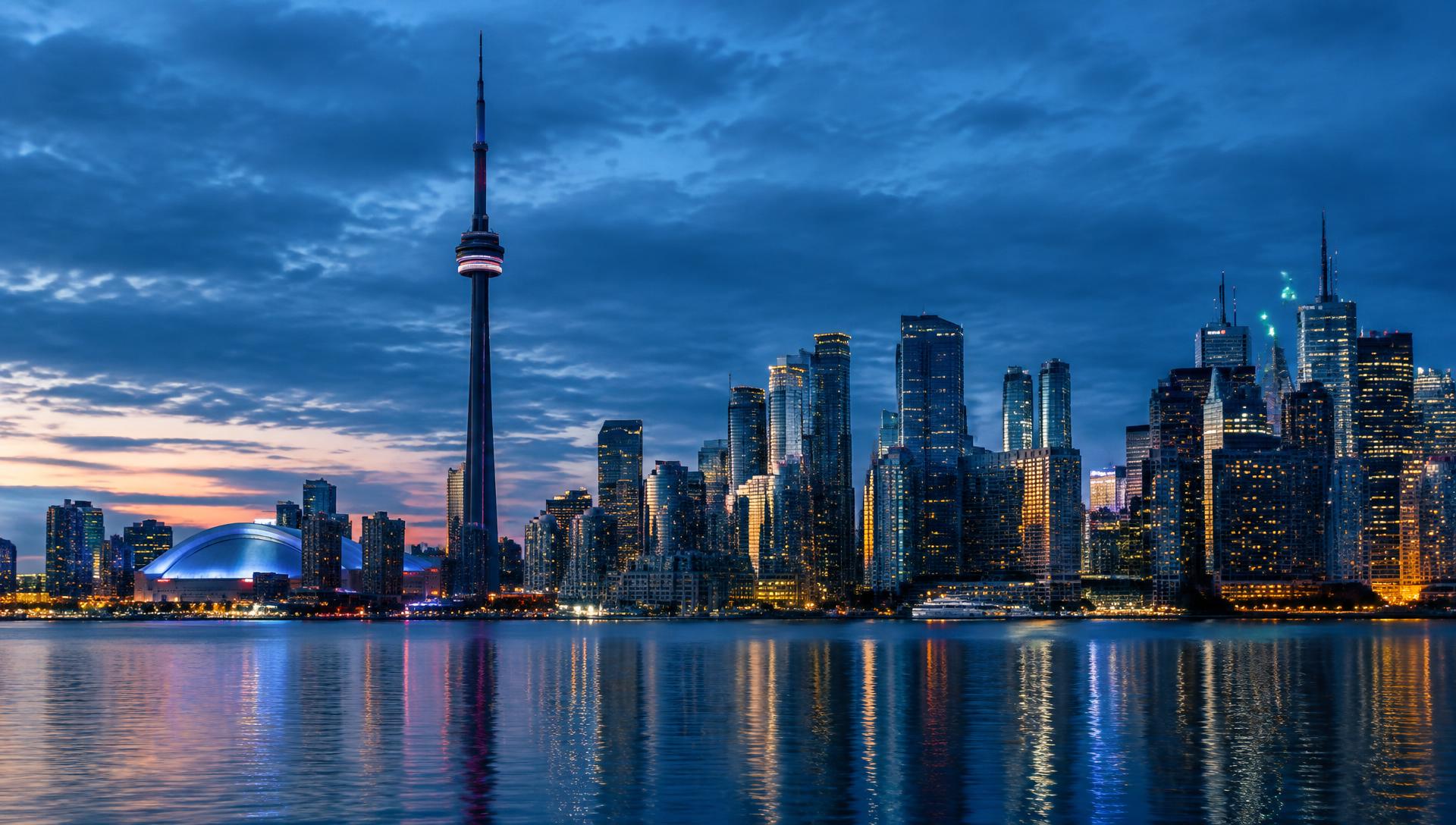 Toronto downtown skyline with the CN Tower and glass office towers at dusk